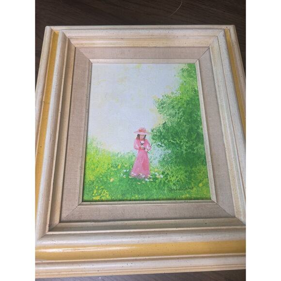 VTG Oil Painting Woman in Pink Dress in Garden Scene Signed Jennifer West 13x15 - Picture 7 of 16